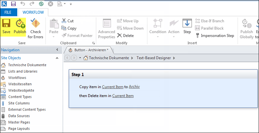 Ein praktischer Screenshot in Microsoft Office, der eine QuickStep-Aufgabe zeigt.
