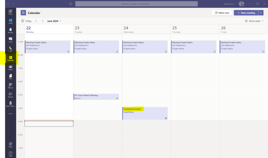 Screenshot aus Microsoft Teams: Anlegen eines neuen Termins im Exchange-Kalender