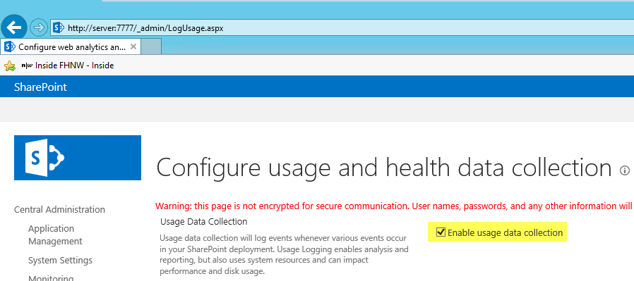 Ein Screenshot der Seite zum Konfigurieren der Web Analytics-Nutzung und der Erfassung von Gesundheitsdaten.