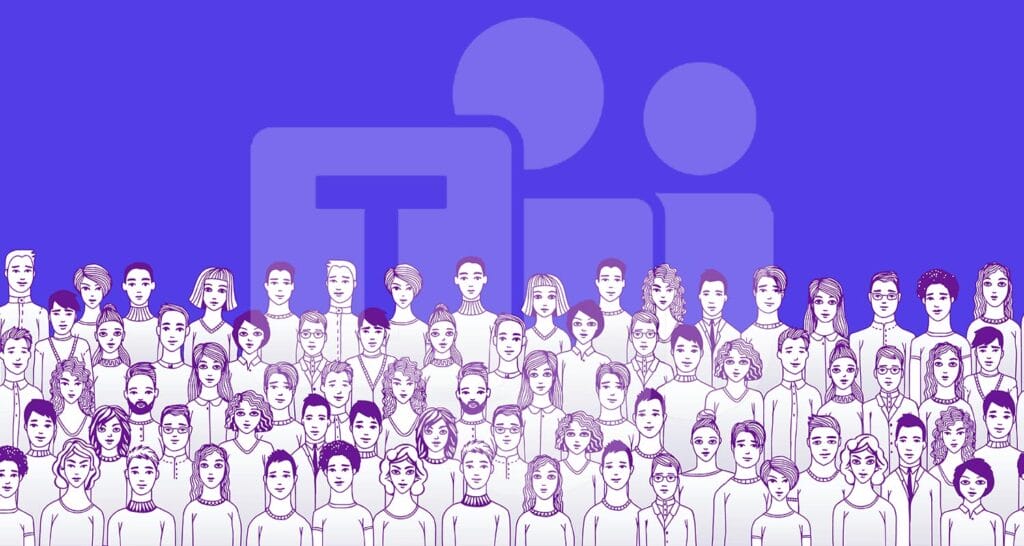 Eine Gruppe von Menschen steht während eines Microsoft Teams-Meetings vor blauem Hintergrund.