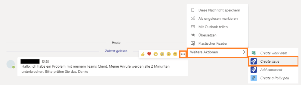 Screenshot eines Microsoft Teams Interfaces, in welchem eine Messaging-Extension ausgeführt wird.