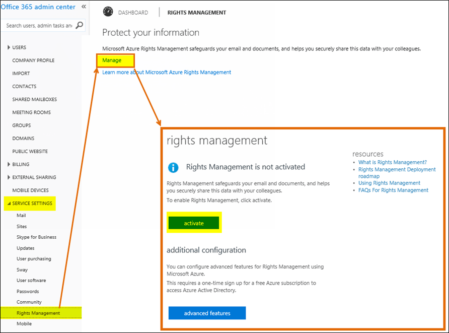 Ein Screenshot, der die Information Rights Management-Funktionalität im Microsoft Azure-Verwaltungsportal zeigt.