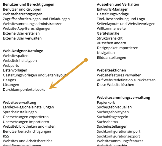 Eine Liste von SharePoint 2013-Webseiten mit einem gelben Pfeil, der darauf zeigt.