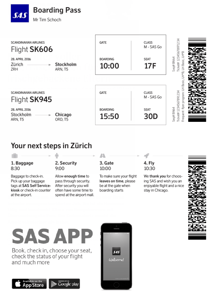 Sas-Bordkartenvorlage für ein reibungsloses und effizientes Benutzererlebnis am Flughafen, wodurch das Risiko von Verspätungen minimiert wird.