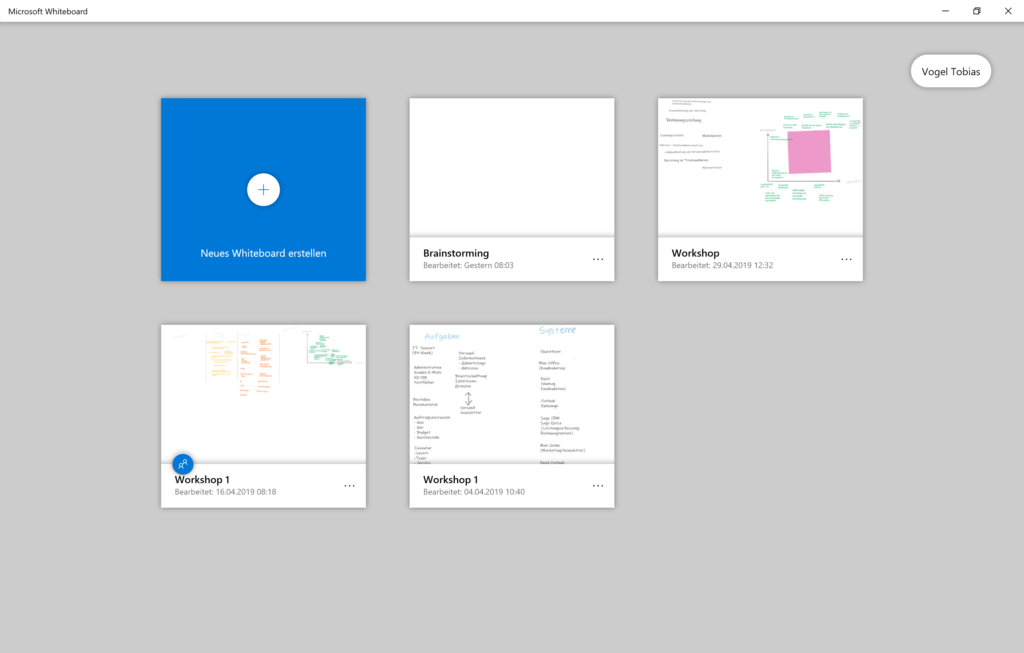 Einstiegsscreen Microsoft Whiteboard