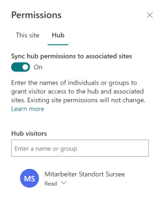 Screenshot: Die Hub-Berechtigung automatisiert auf assoziierte Sites synchronisieren