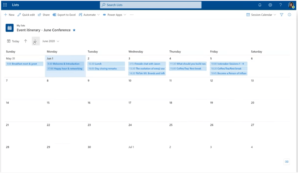 Screenshot der Kalender-Ansicht von Microsoft Lists