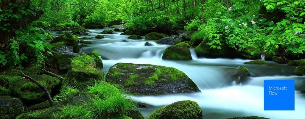 Ein üppig grüner Wald, durch den ein Fluss fließt, in dem Produktivitätsnachrichten und Microsoft Flow-Aktivitäten automatisiert werden.