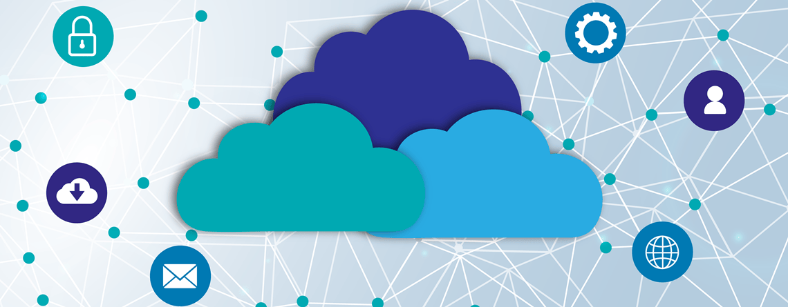Eine von einem Netzwerk aus Symbolen umgebene Cloud, die über OneDrive for Business einen effizienten Datenzugriff und verbesserte Produktivitätsnachrichten bietet.
