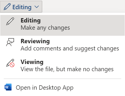 Über den Button "Editing" in Word Online können Userinnen und User in die Desktop-Applikation von Word wechseln und dort mit dem Bearbeiten eines Dokumentes weiterfahren.