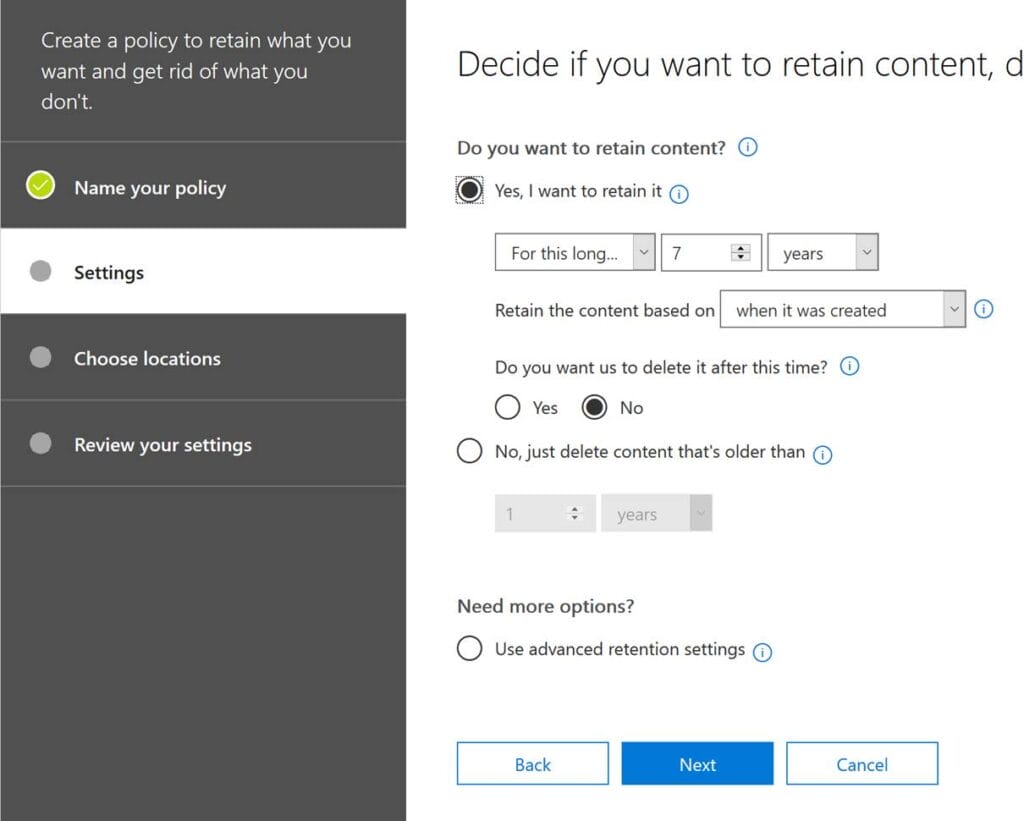 Screenshot aus Security & Compliance Center: Erstellen einer neuen Retention Policy