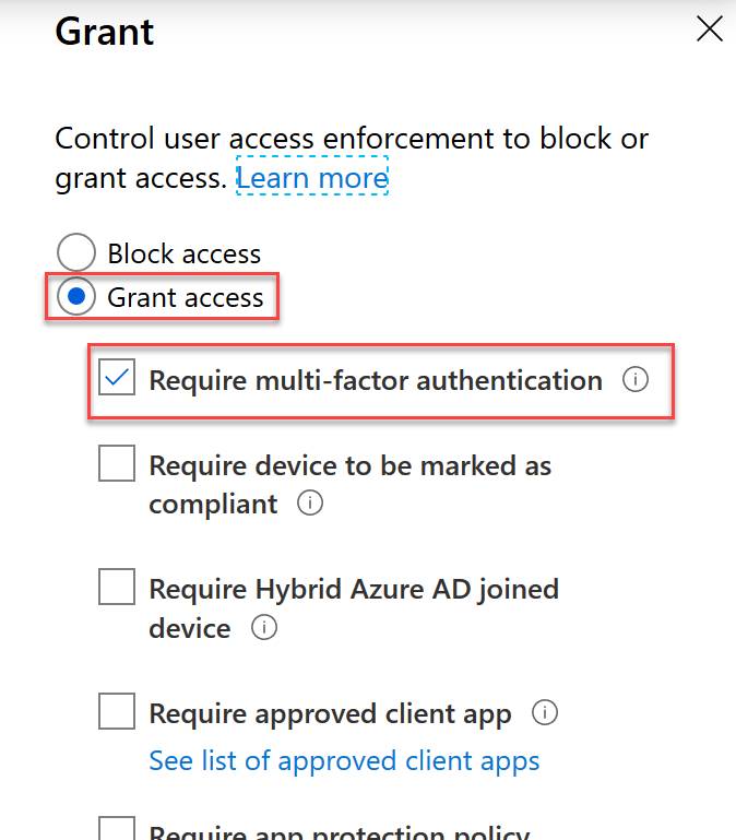 Screenshot aus dem Azure-Portal, in welche der Systemadministrator Zugriff für alle Benutzerinnen und Benutzer gewährt und dafür Multifaktor-Authentifizierung verlangt.