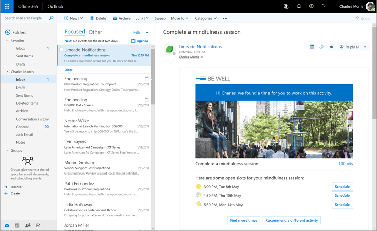 Screenshot einer Adaptive Card in Microsoft Outlook.