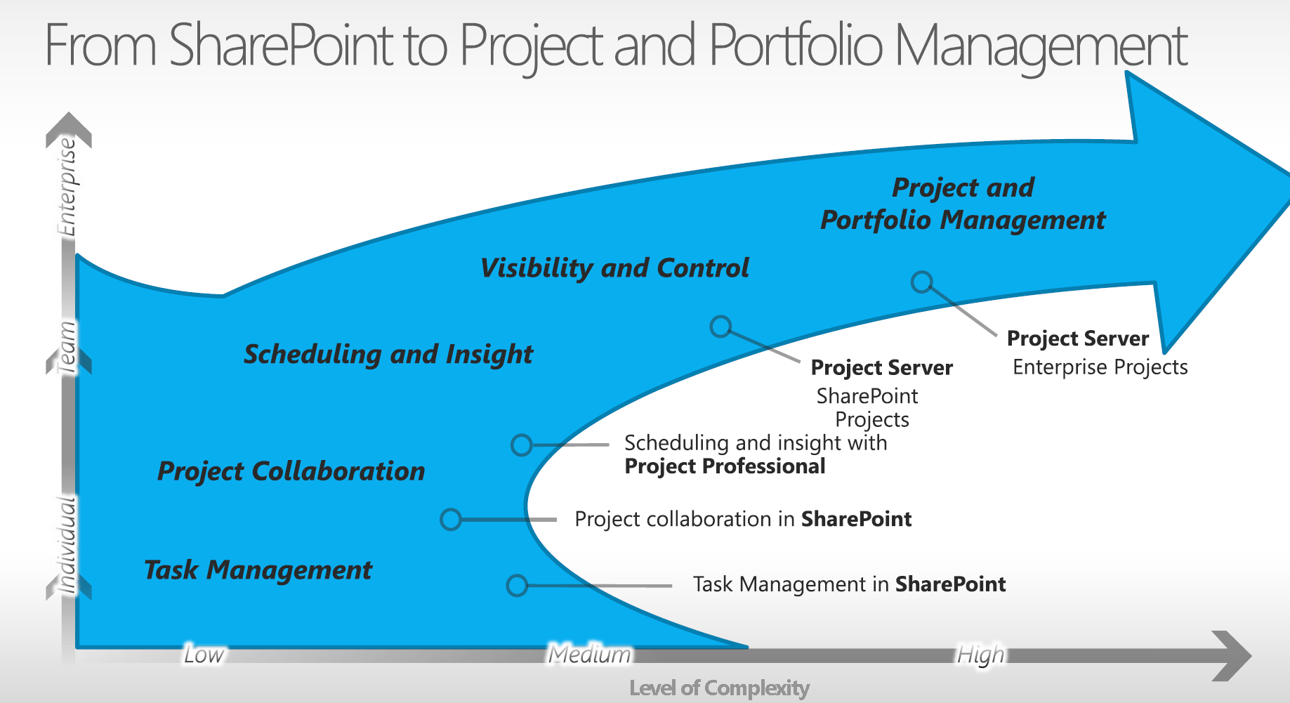 Ein Diagramm, das den Prozess des Projekt- und Portfoliomanagements mit Möglichkeiten für Project Online veranschaulicht.