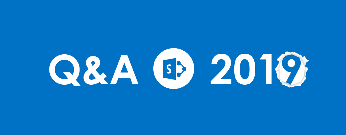 Das Logo für Q&A 2019 auf blauem Hintergrund mit SharePoint 2019.
