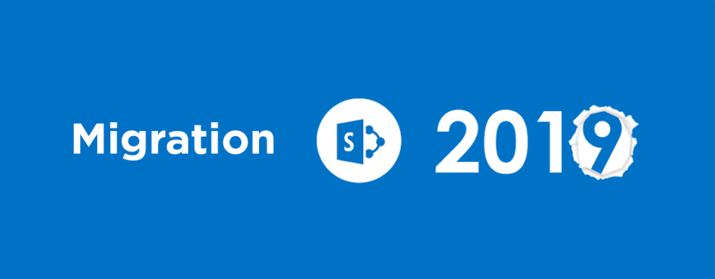 Das Logo zur Microsoft-Migration 2019 auf blauem Hintergrund enthält die Schlüsselwörter „Migration“ und „2019“.