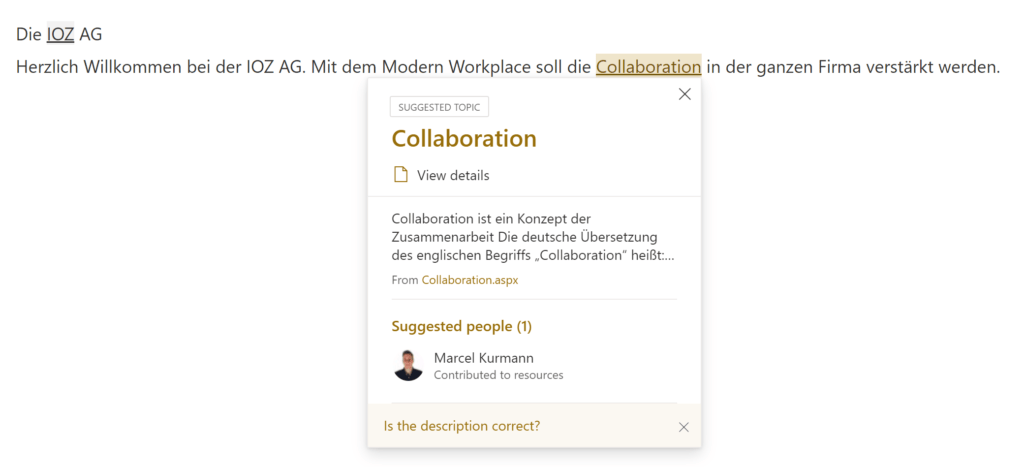 Anzeigen von Topic-Informationen beim Hovern über dem Begriff Collaboration.