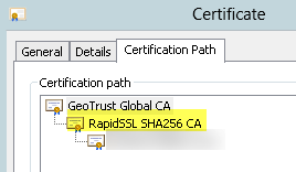 Ein Screenshot eines Zertifikatspfads, der einen SSL-Zertifikatsfehler im Geotrust Global Saas anzeigt.