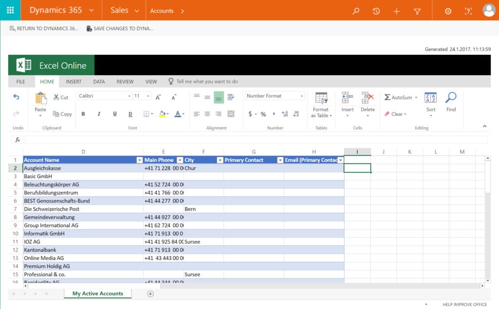Excel Online mit Dynamics 365