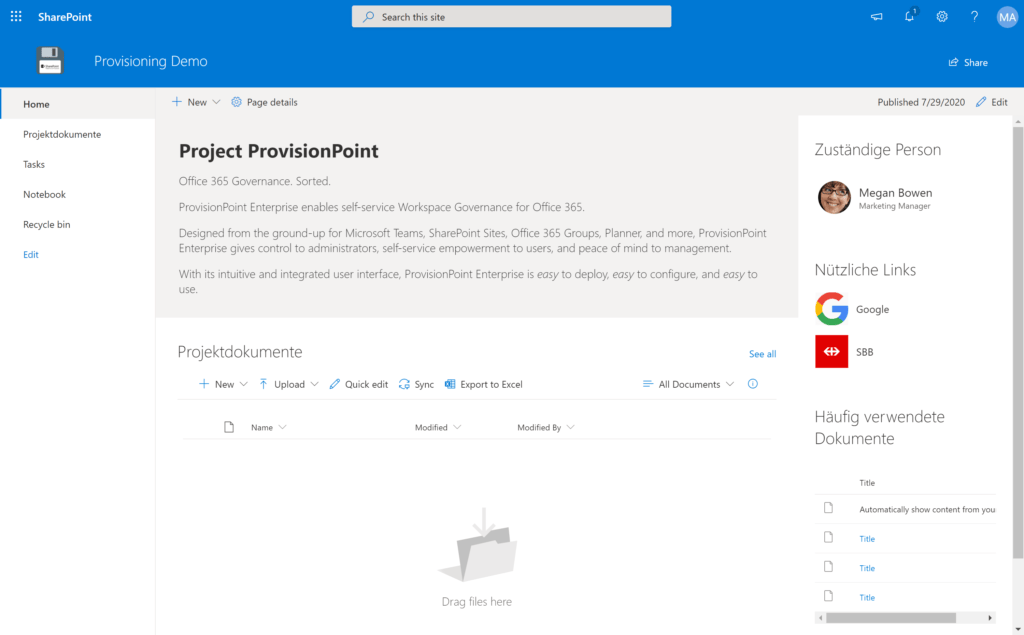 Screenshot: SharePoint Site, welche als Vorlage dient
