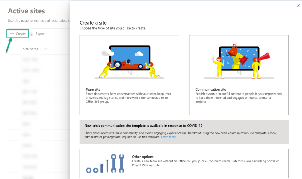 Screenshot des Microsoft 365 SharePoint Admin Centers: Neue Seiter erstellen