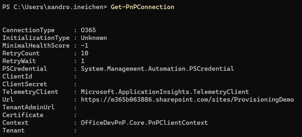 Screenshot: Resulatat von Get-PnP-Connection