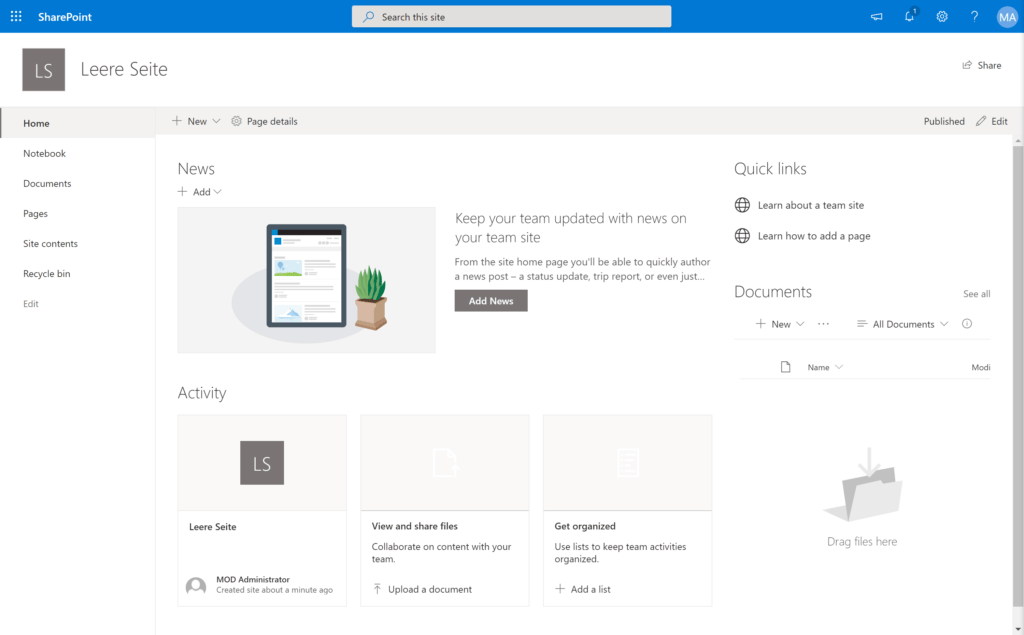 Neu erstellte SharePoint out-of-the-box Site Collection