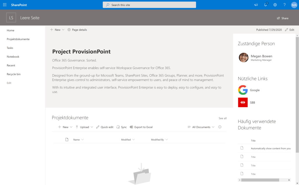 Neu erstellte SharePoint Site mit PnP Provisioning