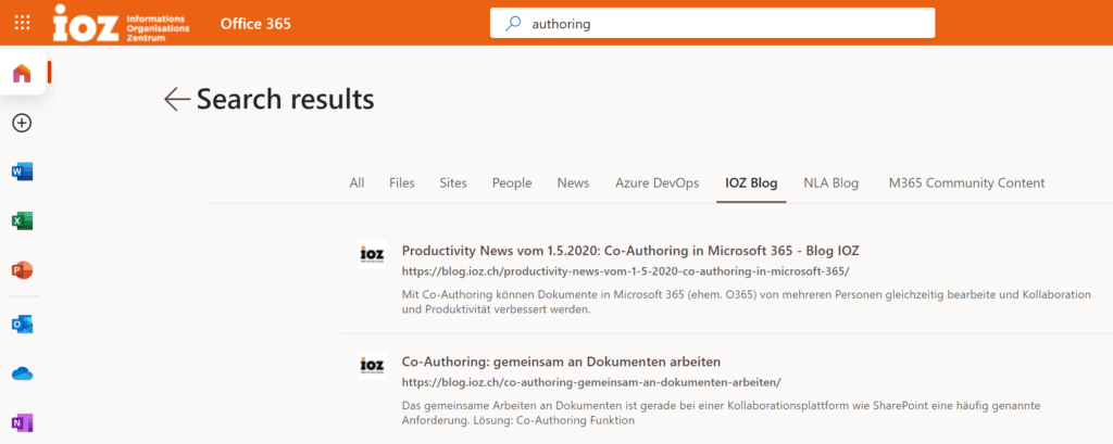 Ausgabe der Suchresultate der neu eingebundenen Quelle in office.com