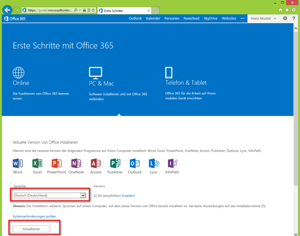 Ein Screenshot der Office 365-Einstellungsseite mit den Verteilungsoptionen für Office 365 ProPlus.