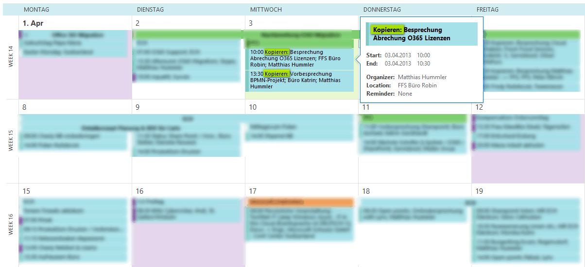 Ein Screenshot eines Kalenders auf einem Computerbildschirm, mit einigen korrigierten Fehlern während der Datenübertragung.