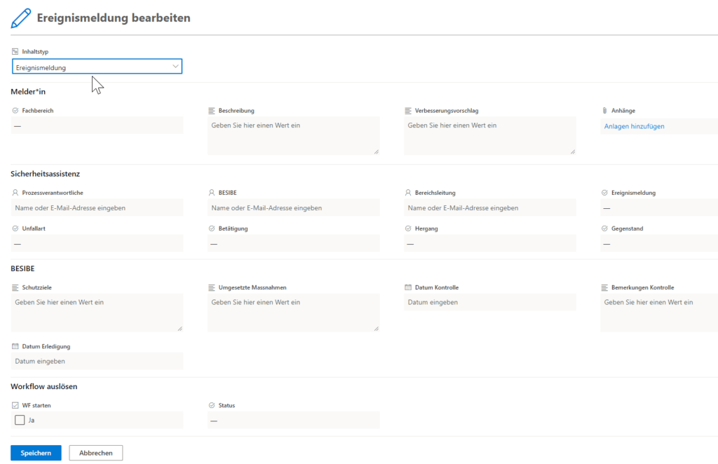 Screenshot: Ein formatiertes Sharepointlisteformular ermöglicht die Bearbeitung der KVPs für die verschiedenen Rollen in einem Prozess. In Kombination mit Powerautomate wird über eine Statusänderung jeweils die nächste Stelle, wie auch die Meldenden informiert.