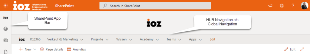 Screenshot: SharePoint App Bar und SharePoint Global Navigation