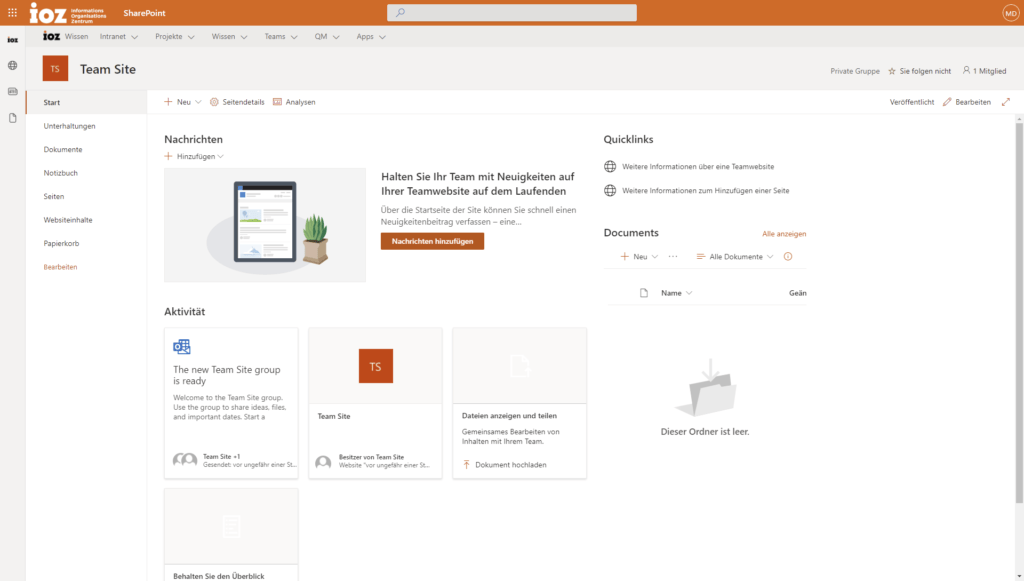 Screenshot: SharePoint Intranet Team Site mit HUB Navigation