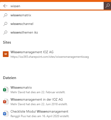 Screenshot: Suche mit der Microsoft Search in SharePoint