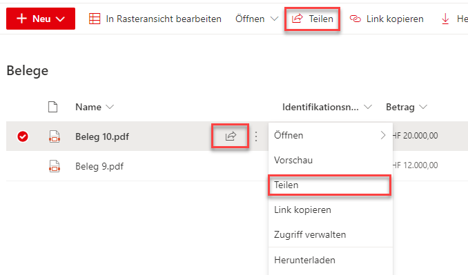 Screenshot aus SharePoint Online: Datei teilen in SharePoint Online