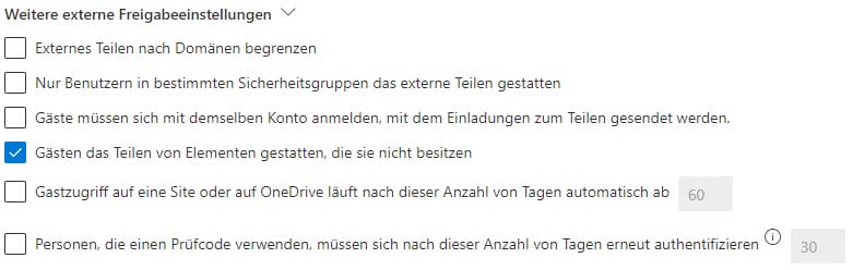 Screenshot aus SharePoint Admin Center: Konfigurationsmöglichkeiten unter Weitere externe Freigabeeinstellungen