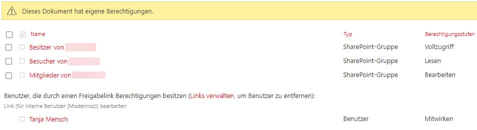 Screenshot aus SharePoint Online: Aufgebrochene Berechtigung nach der Linkgenerierung