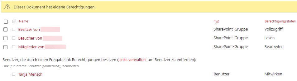 Screenshot aus SharePoint Online: Aufgebrochene Berechtigung nach der Linkgenerierung