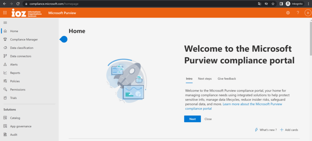 Screenshot aus Microsoft Purview: Home Seite