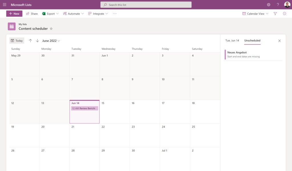 Microsoft Lists Kalender Ansicht