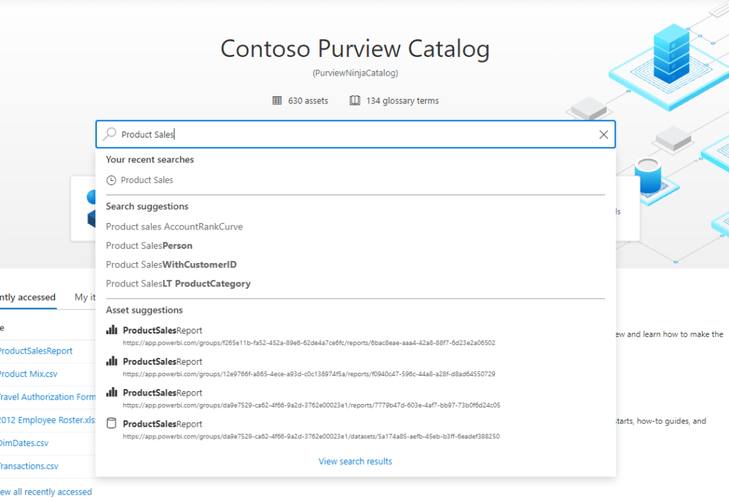 Screenshot aus Microsoft Purview: Data Catalog durchsuchen