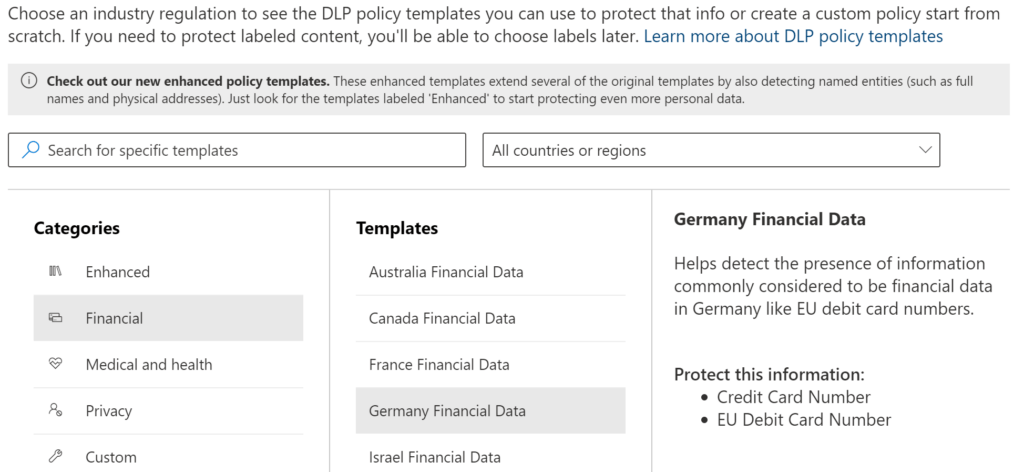 Screenshot aus Microsoft Purview mit den Vorlagen für Data Loss Prevention Policies