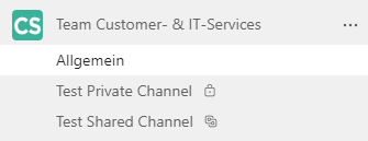 Screenshot aus Microsoft Teams mit den beiden Kanal-Typen Private Channel und Shared Channel mit den dazugehörenden Icons.