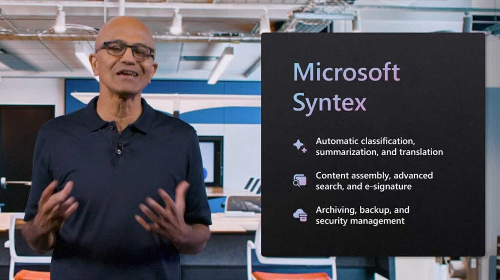 Screenshot der Ignite, in welchem Satya Nadella Microsoft Syntex vorstellt