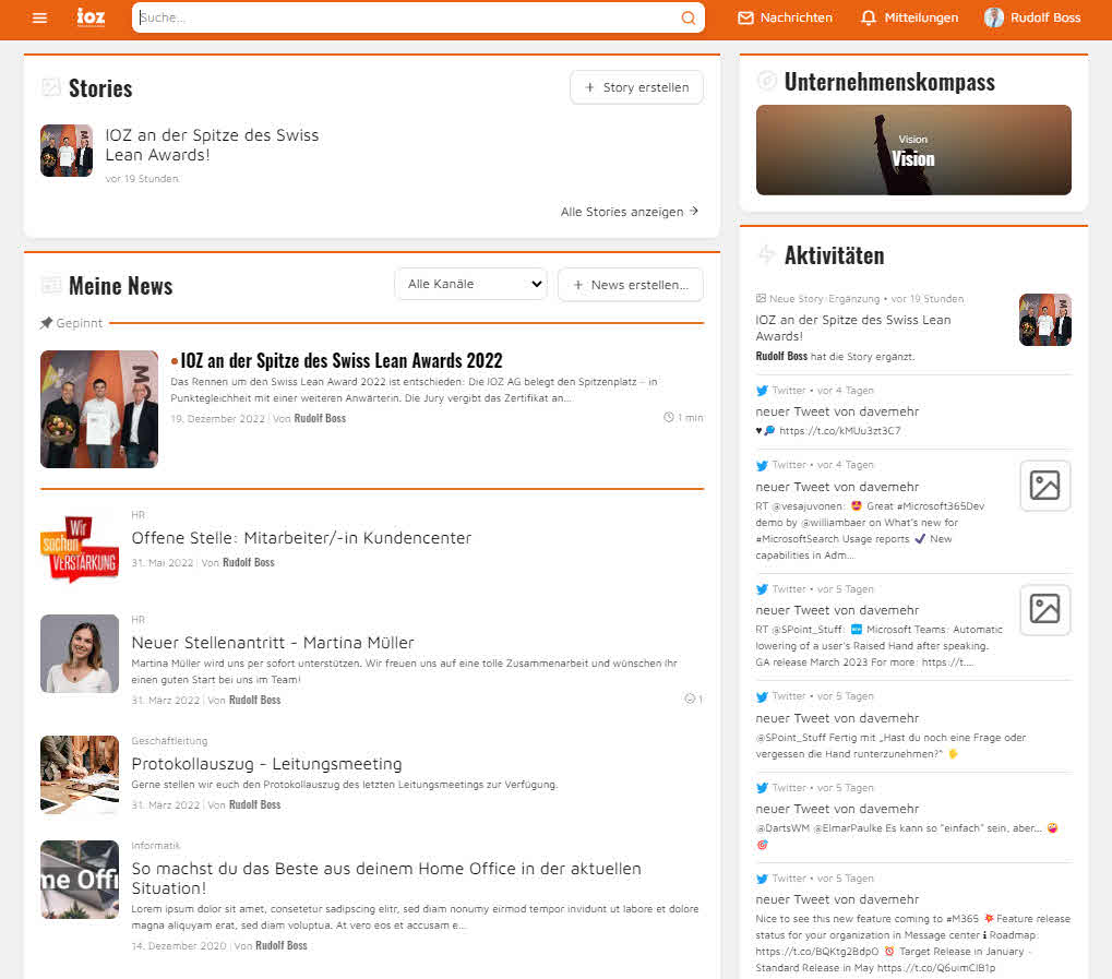 Startseite der ahead Mitarbeiter App mit Newsfee, Aktivitäten und Unternehmenskompass