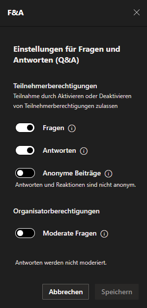 Screenshot aus Microsoft Teams Town Halls: Einstellungsmöglichkeiten für Frage- und Antwort-Sektion
