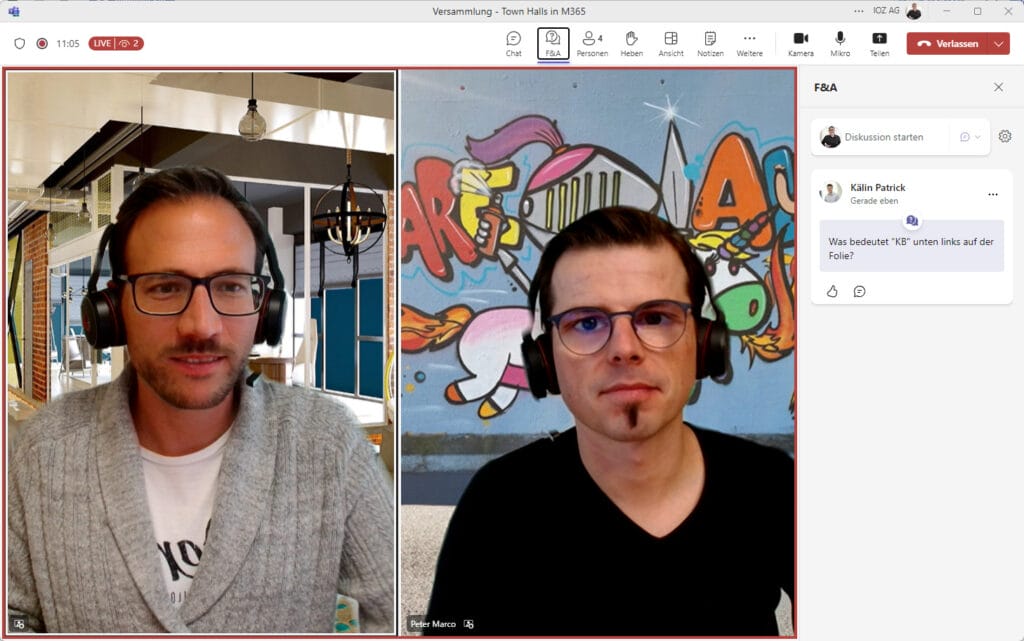 Screenshot aus Microsoft Teams Town Halls: Regie-Ansicht mit eingeblendeter F&A-Sektion