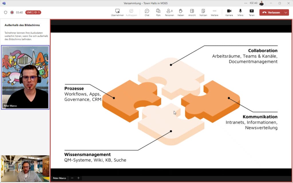 Screenshot aus Microsoft Teams Town Halls: Regie-Ansicht von Organisatorinnen und Organisatoren