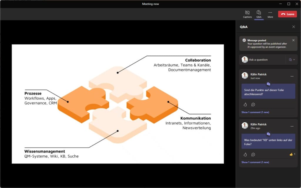Screenshot aus Microsoft Teams Town Halls: Ansicht für externe Teilnehmende mit F&A-Spalte